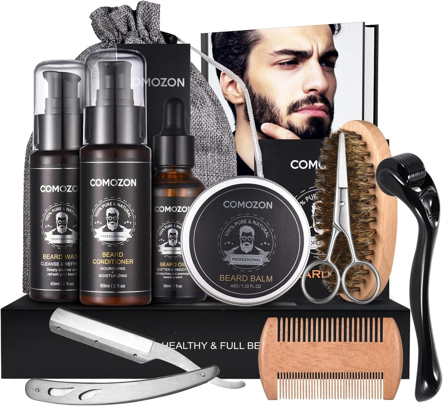 Kit Barbe Homme Complet 12 En 1, Kit De Soin Barbe Homme Avec Rouleau Barbe Contenir Huile Barbe, Shampoing Barbe,CrĂšmes De Barbe, Peigne Barbe,Ciseaux Barbe,Brosse Ă Barbe, Rasoir, 10 Lames Barbe