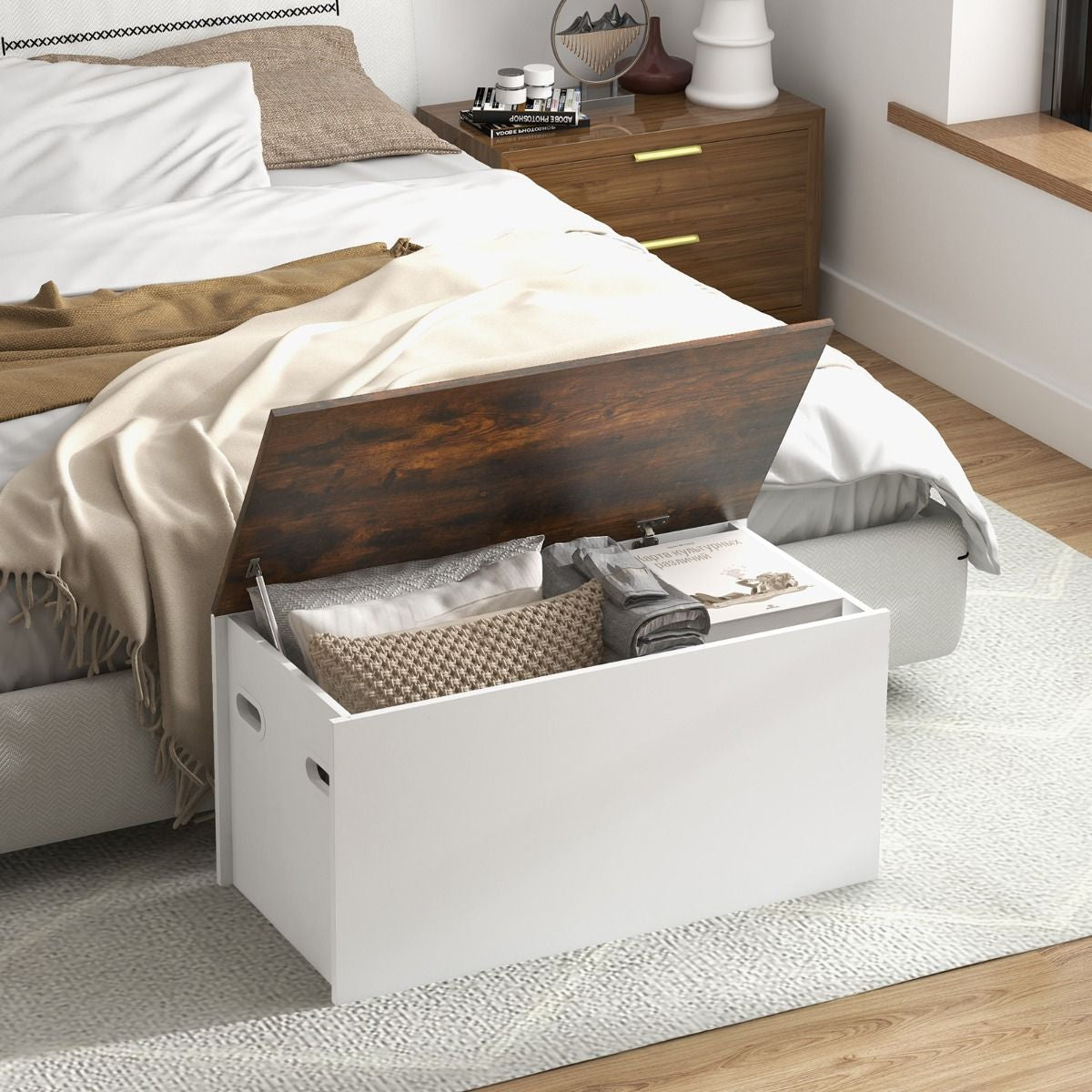 Coffre-Banc De Rangement Couvercle Rabattable Design Anticollision Pour Couvertures Jouets Collations Blanc