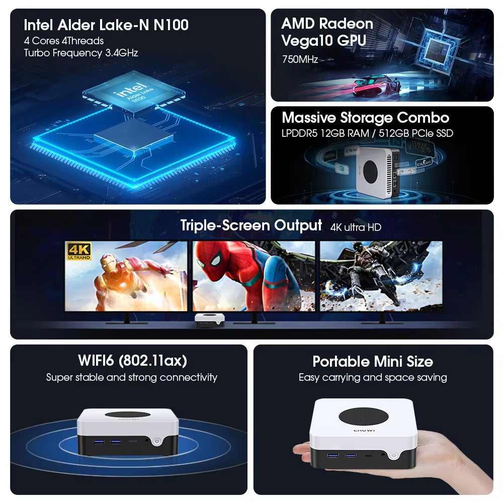 CHUWI Larkbox X Mini PC 12Th N100 12GB LPDDR5 512GB SSD Windows 11 Saída De Tela Tripla 4K Ultra HD Wifi 6 Bluetooth 5.2