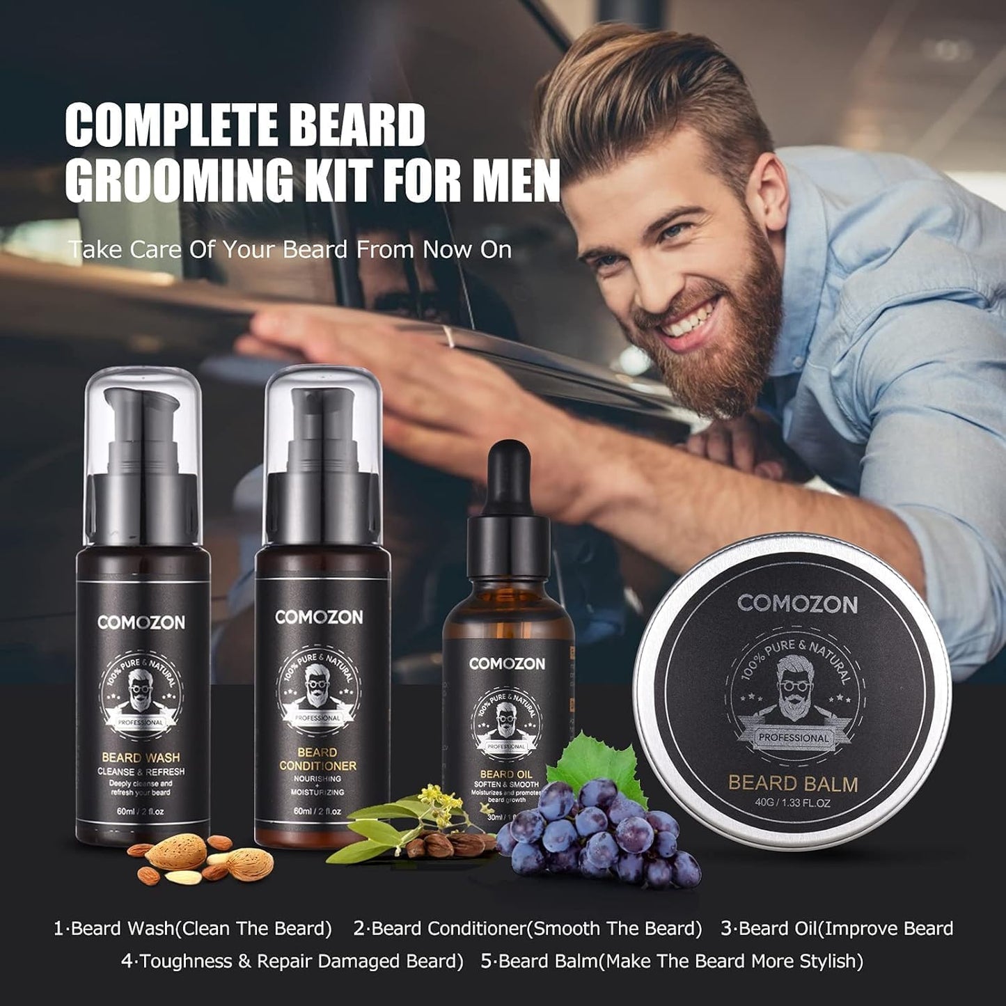 Kit Barbe Homme Complet 12 En 1, Kit De Soin Barbe Homme Avec Rouleau Barbe Contenir Huile Barbe, Shampoing Barbe,CrĂšmes De Barbe, Peigne Barbe,Ciseaux Barbe,Brosse Ă Barbe, Rasoir, 10 Lames Barbe