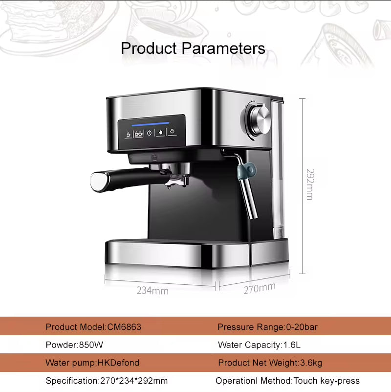 20 Bar Italian Type Espresso Coffee Maker Machine with Milk Frother Wand for Espresso, Cappuccino, Latte and Mocha