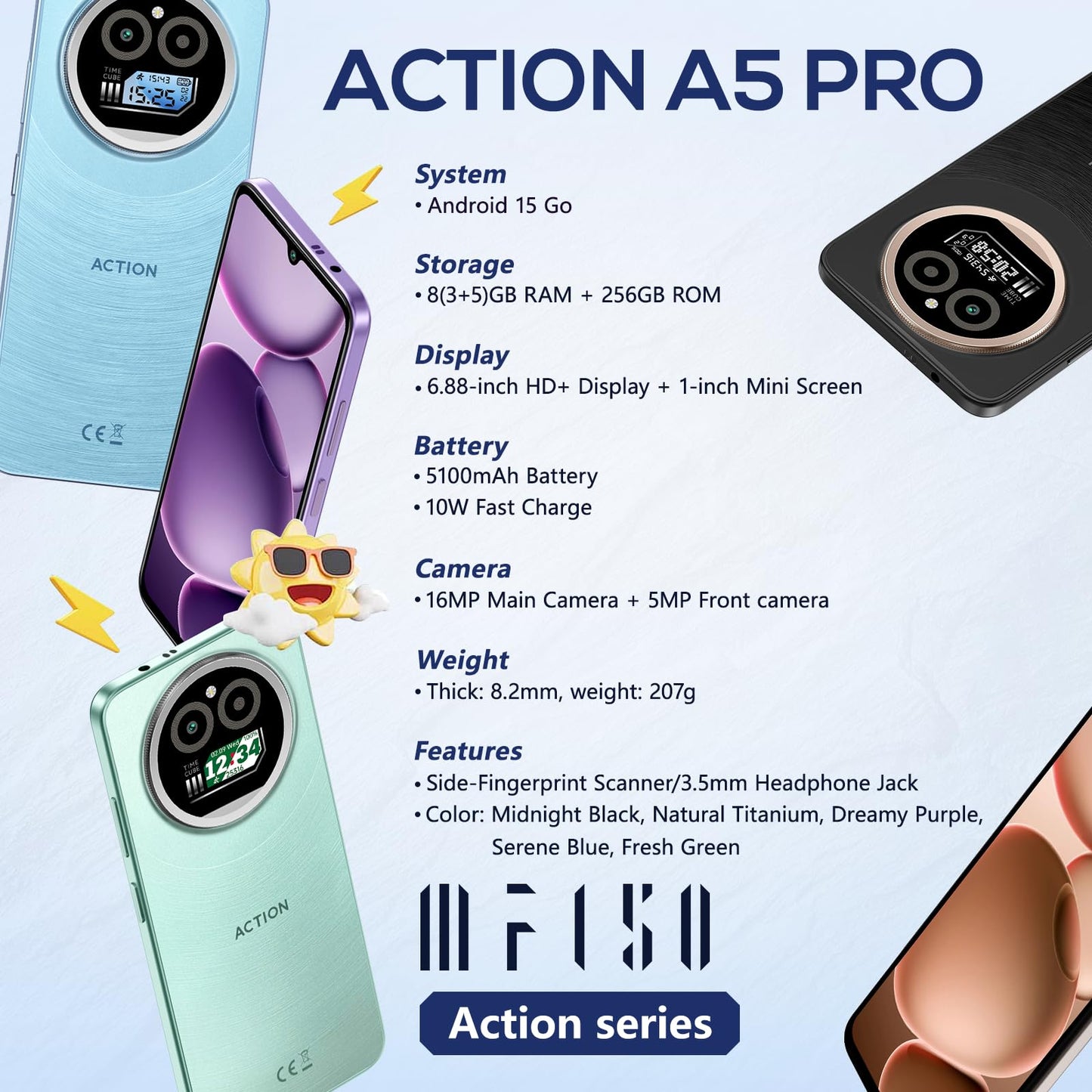 IIIF150 Action A5 Pro Mobile Phone Android 15, 8(3+5) GB +256GB/1TB Smartphone Cheap, 6.88 Inch HD+ & 1 Inch Rear Screen, 5100mAh Telephone Gaming, 16MP+5MP, 4G Doble SIM/GPS/Fingerprint/OTG/3.5mm