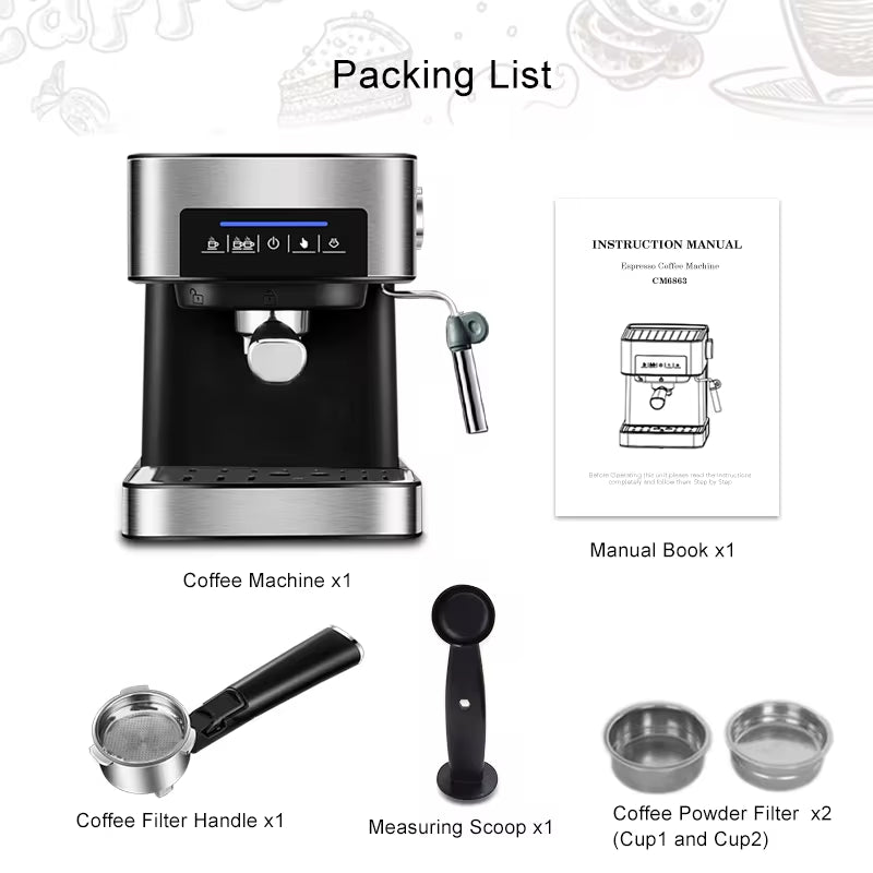20 Bar Italian Type Espresso Coffee Maker Machine with Milk Frother Wand for Espresso, Cappuccino, Latte and Mocha
