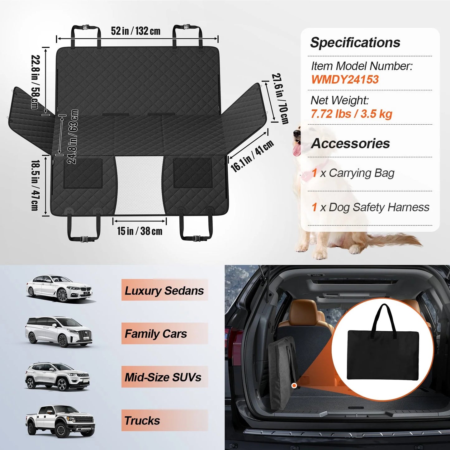 VEVOR 52 x 24.8 Inch Waterproof Dog Car Seat Cover for Back Seat, 600D Fabric for Vehicles