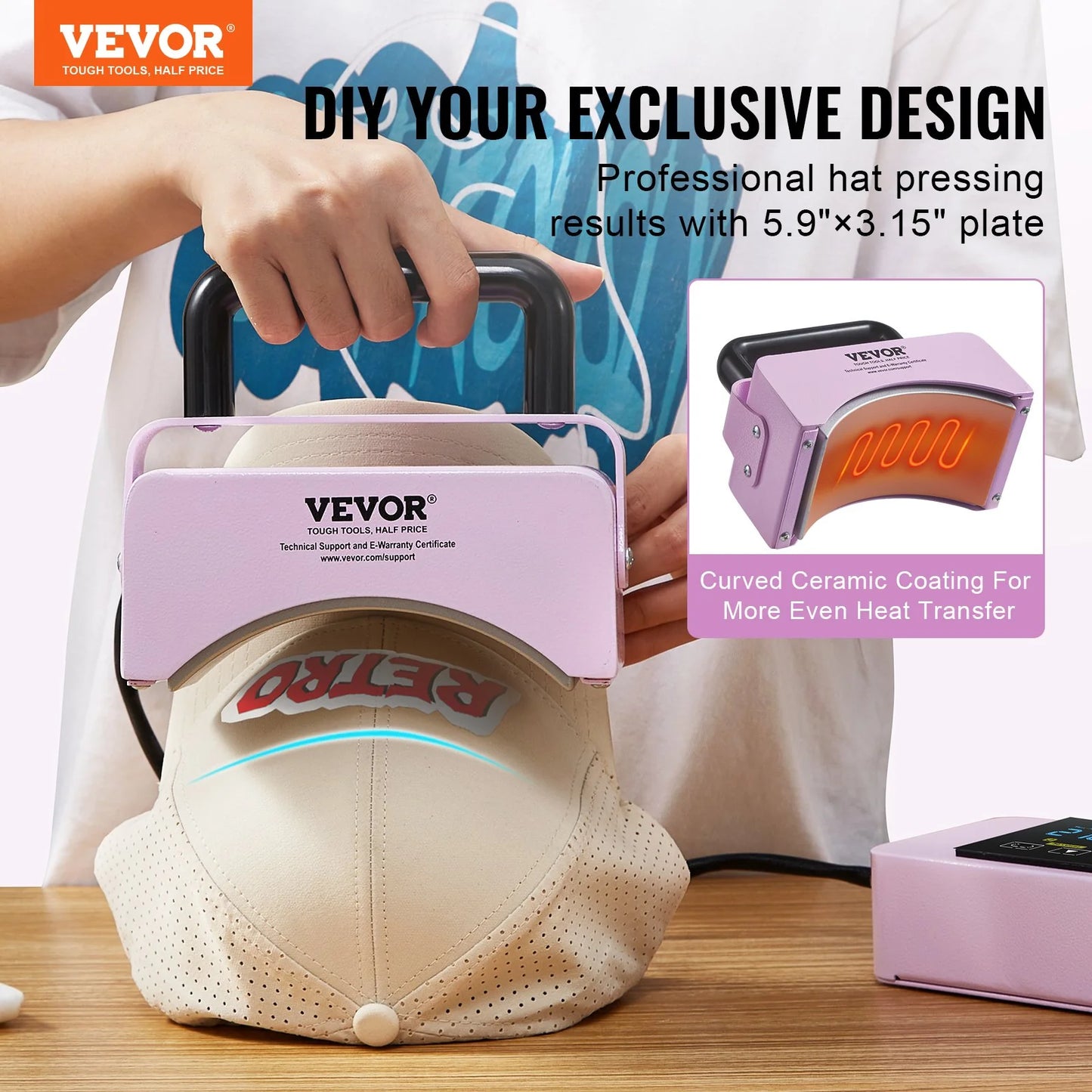 VEVOR Mini Hat Heat Press Machine for Caps, 5.9 x 3.15 Inch Plate, Purple
