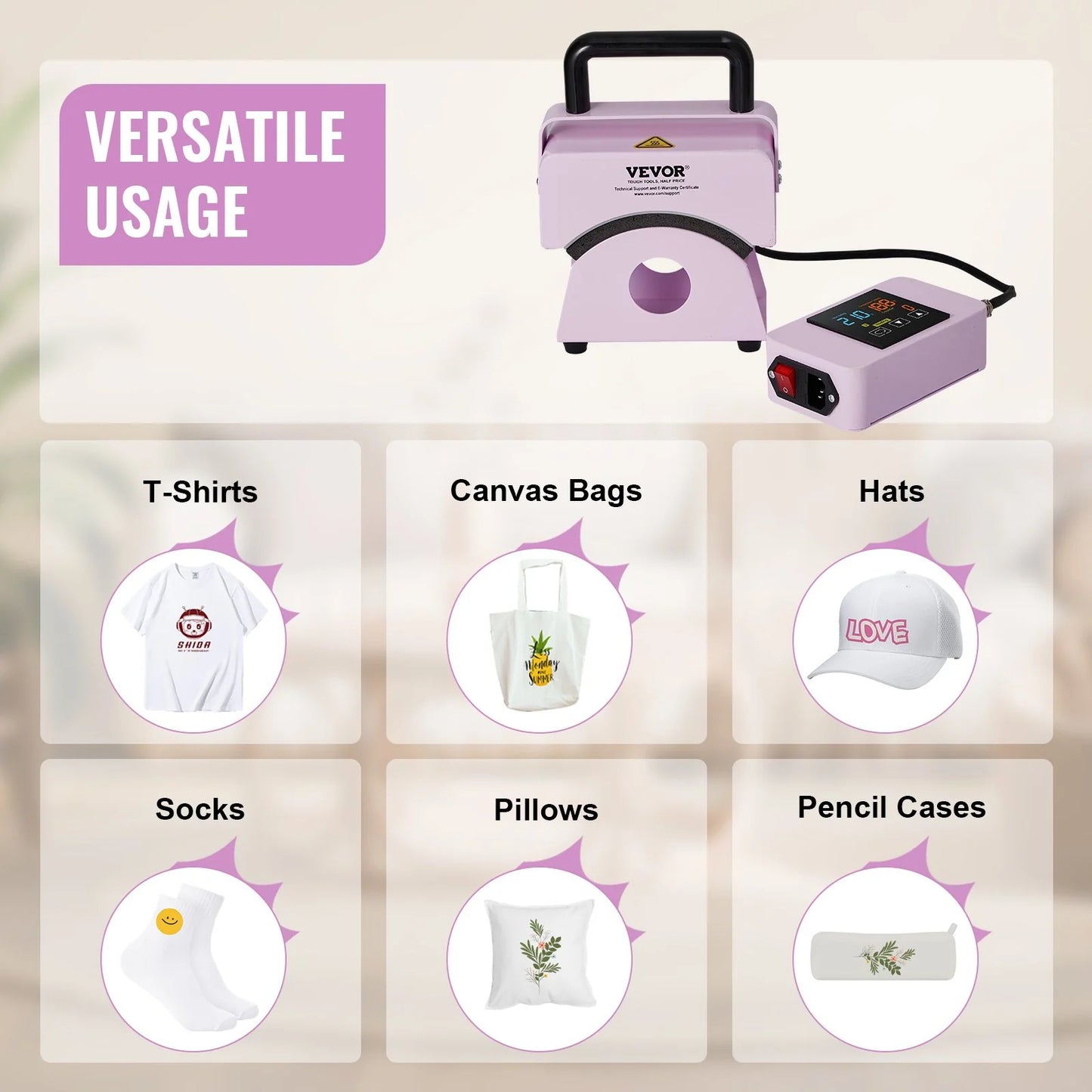 VEVOR Mini Hat Heat Press Machine for Caps, 5.9 x 3.15 Inch Plate, Purple
