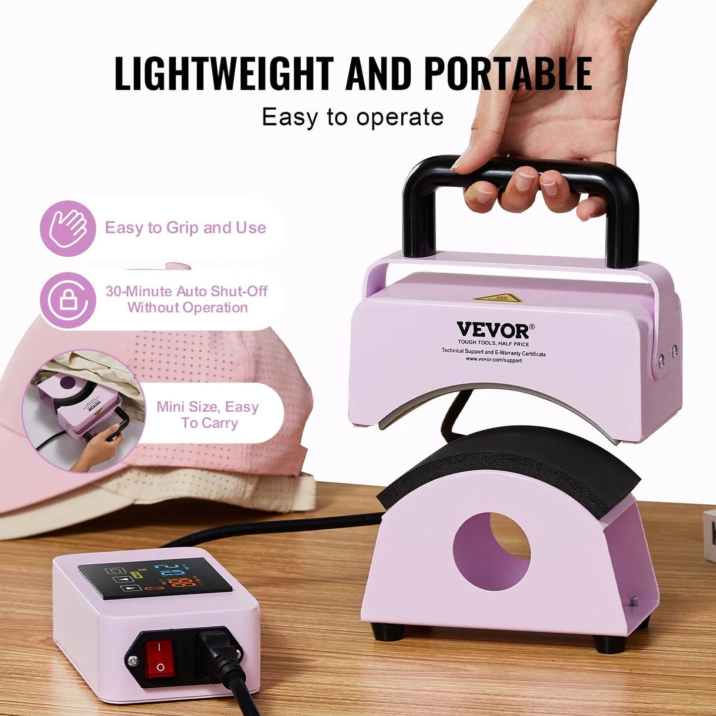 VEVOR Mini Hat Heat Press Machine for Caps, 5.9 x 3.15 Inch Plate, Purple