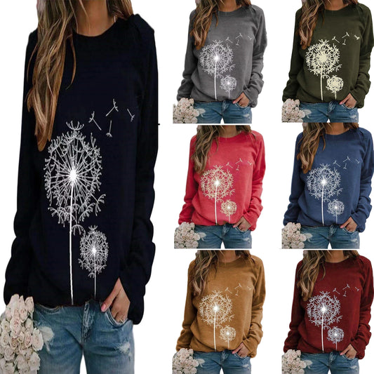 European and American autumn and winter new women's dandelion printed round neck long sleeved loose casual sweater