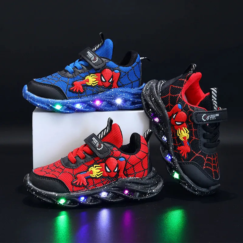 Disney LED Casual Sneakers Red Black For Spring Boys Spiderman Mesh Outdoor Shoes Children Lighted Non-slip Shoes Size 21-30