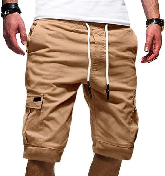 Men Casual Chino Cargo Shorts Elastic Waist Drawstring 6 Pockets Summer Trousers