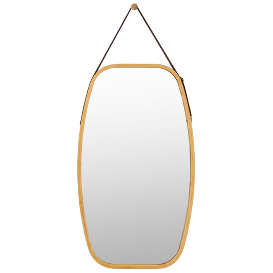 Miroir Mural Suspendu Avec Cadre En Bambou Et Sangle En Cuir Réglable Coin Arrondi 77 X 44 X 1,5Cm