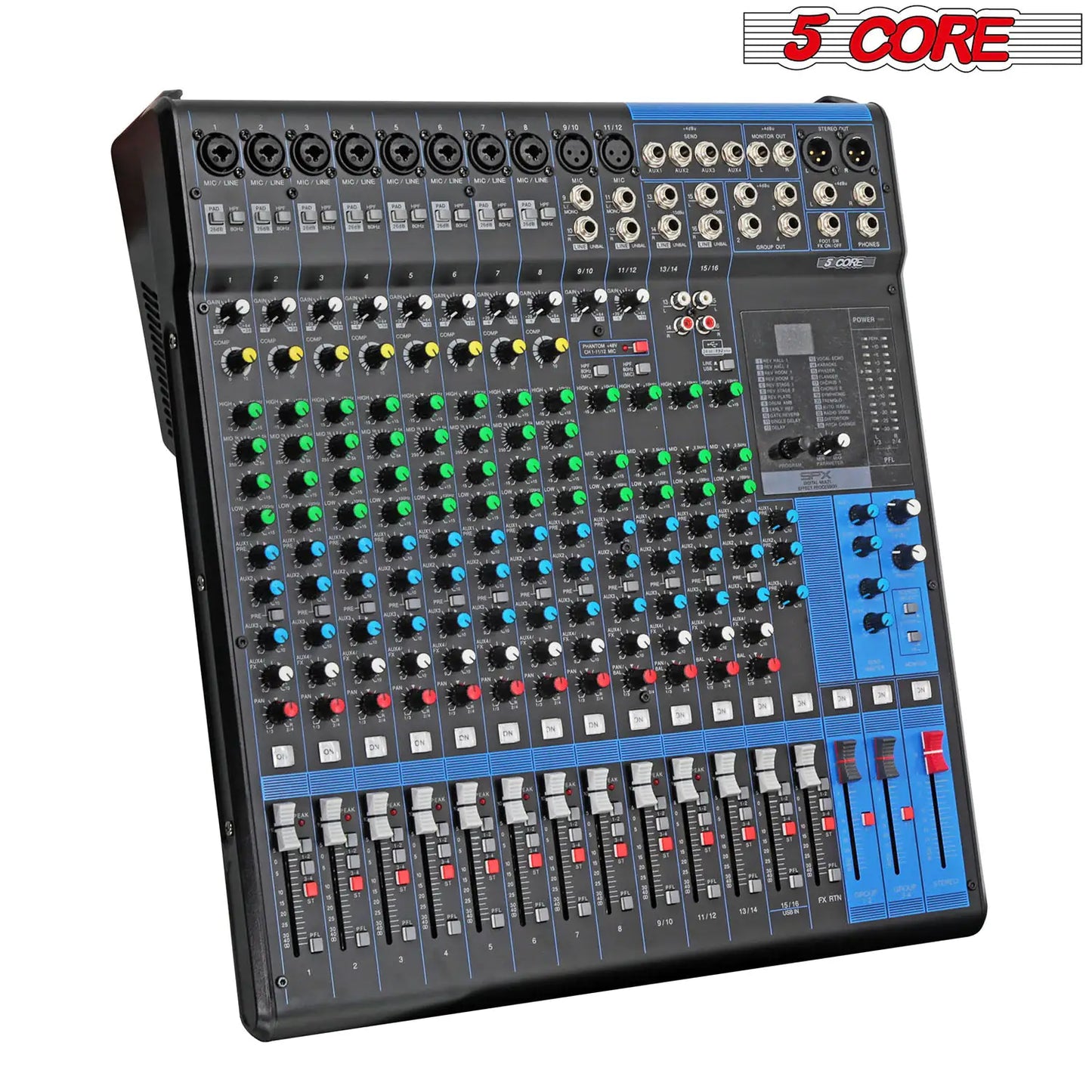 Console de mixage Audio DJ 5 cœurs, 16 canaux, avec 24 effets SPX, alimentation phantôm 48V