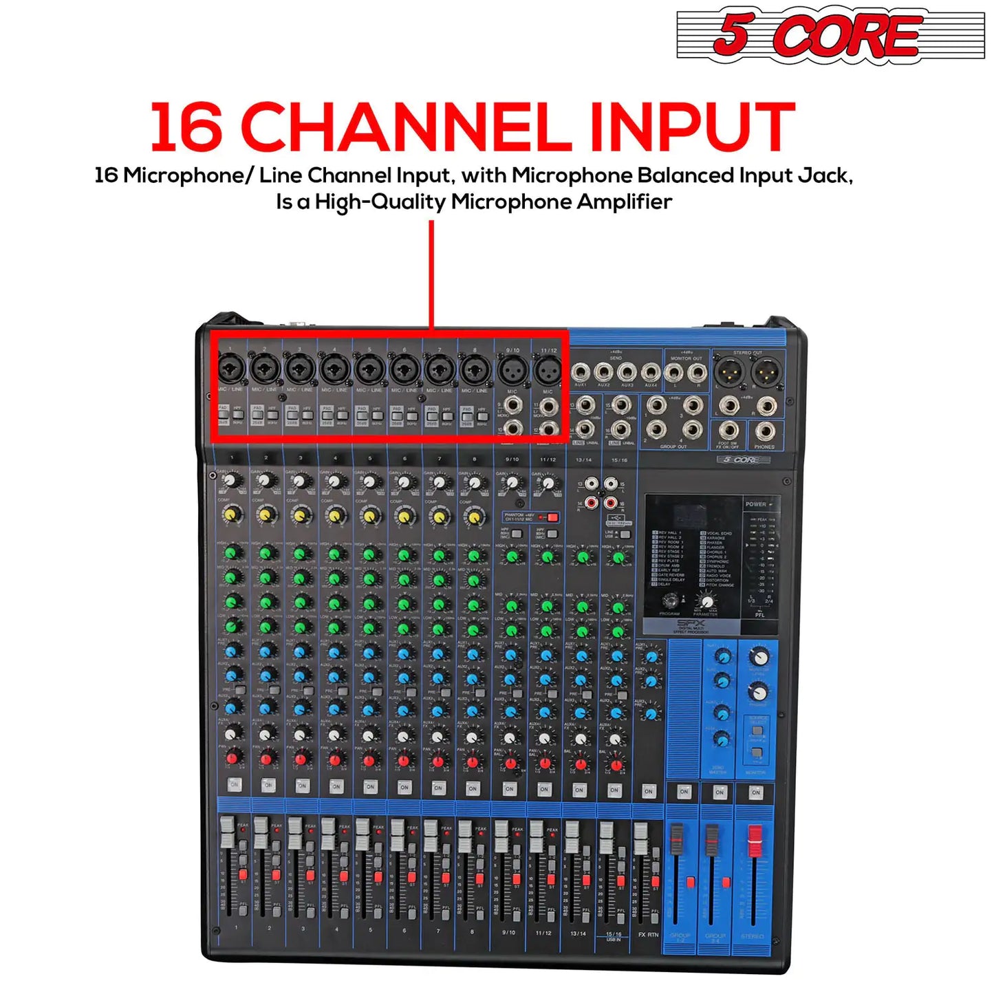 Console de mixage Audio DJ 5 cœurs, 16 canaux, avec 24 effets SPX, alimentation phantôm 48V